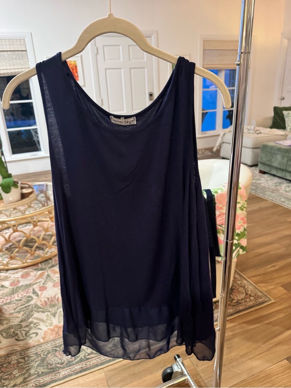 Velvet Navy Sheer-Hem Sleeveless Tank